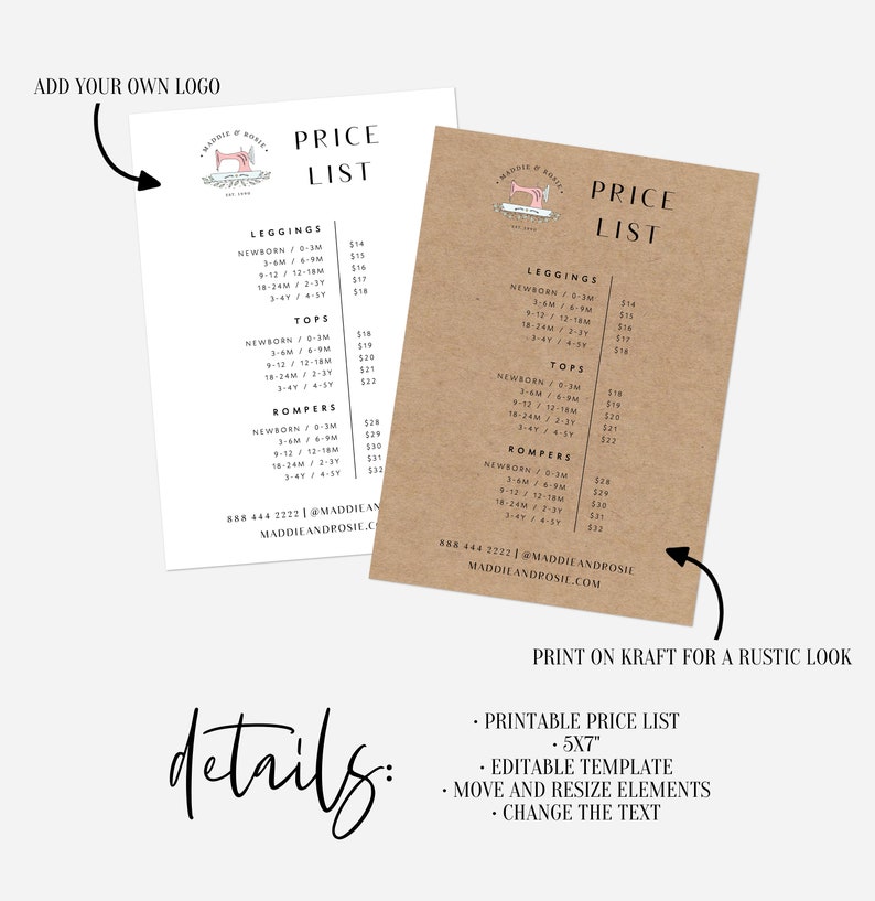 Printable Price Sheet Instant Download Printable Price Guide Etsy