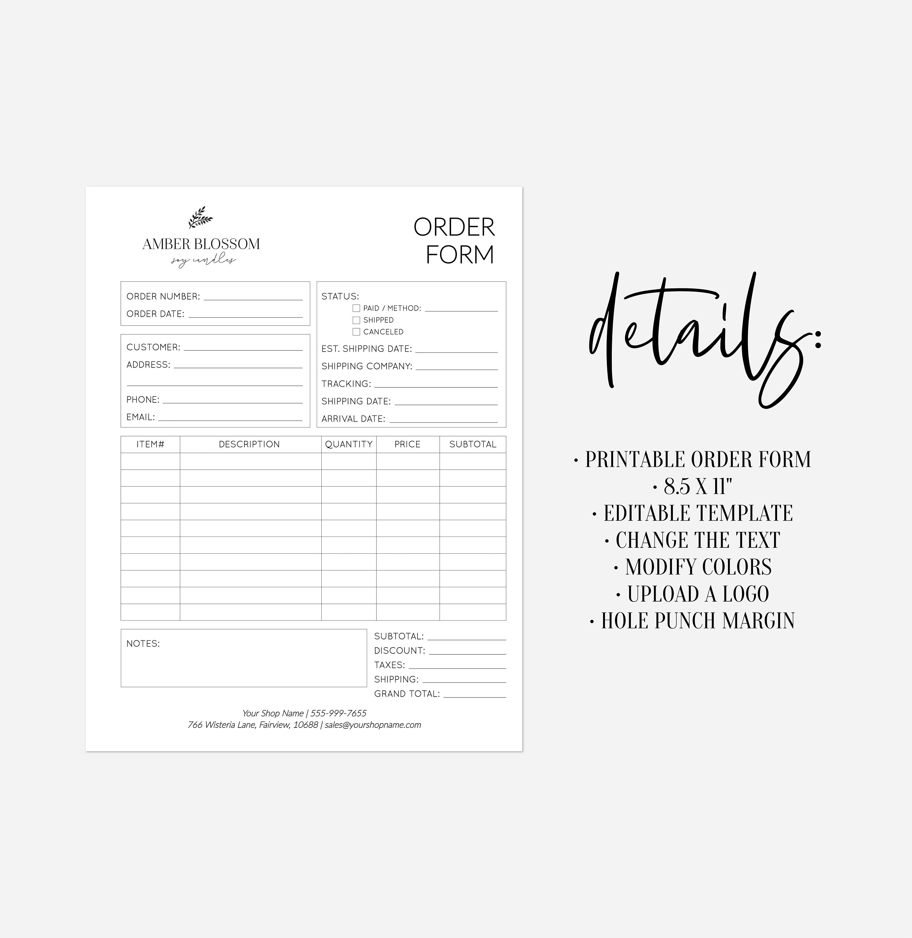 editable order form printable order form template small etsy