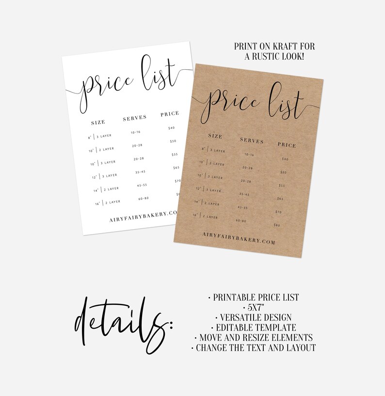 Printable Price Guide Template Printable Price List Template Etsy