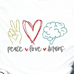 Peace Love Brains svg archivo cortado png dxf neurología neuro enfermera accidente cerebrovascular neurólogo eeg cerebro cáncer demencia convulsión cricut descargar clip