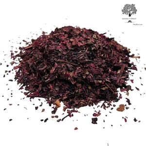 May include: A pile of dried red hibiscus flowers, a popular ingredient for herbal teas and natural dyes.