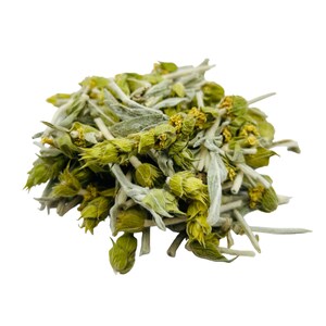 Puede incluir: Un mont&oacute;n de hojas de t&eacute; de hierbas secas, de color verde claro y amarillo. Las hojas son peque&ntilde;as y delicadas, con una textura ligeramente peluda.