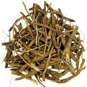 May include: A pile of dried, light brown roots and stems, possibly herbs or botanicals, against a white background. The roots vary in thickness and length, with some thinner, lighter-colored strands interspersed among the thicker, darker pieces.