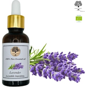 Puede incluir: Una botella de vidrio marrón de aceite esencial de lavanda con tapa dorada y cuentagotas blanco. La etiqueta dice "100% Pure Essential Oil" y "Lavender Lavandula Angustifolia". Una ramita de flores de lavanda moradas está junto a la botella.