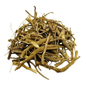May include: A pile of dried, light brown Valerian root pieces, with a variety of shapes and sizes. The roots have a rough texture and are arranged in a dense, overlapping manner against a white background. The image highlights the natural, organic appearance of the herbal product.