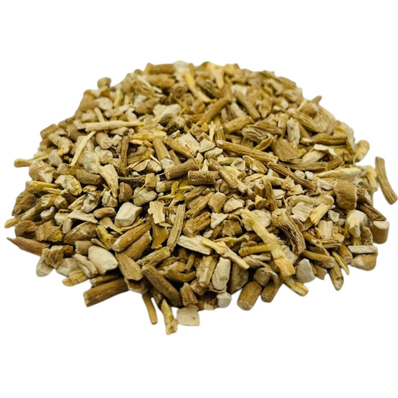 May include: A pile of dried, chopped herbs with a light brown color. The pieces vary in size and shape, with some appearing like small sticks and others more irregular. The herbs are likely used for culinary or medicinal purposes.