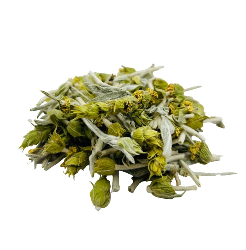 Puede incluir: Primer plano de hojas de t&eacute; herbal secas, de color verde claro y amarillo. Las hojas son peque&ntilde;as y delicadas, con una textura ligeramente peluda.