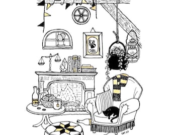 May include: A black and white illustration of a cozy living room with a fireplace, a chair, a cat, a table, and a hanging pot. The fireplace has a fire burning in it and there are books on a shelf above it. The chair has a black and yellow scarf draped over it and a black cat is sleeping in it. The table has a bottle of wine, a glass, and a plate of cookies on it. The hanging pot has a plant growing in it. The text "ASif Rose Thaysen 2020" is written on the fireplace.