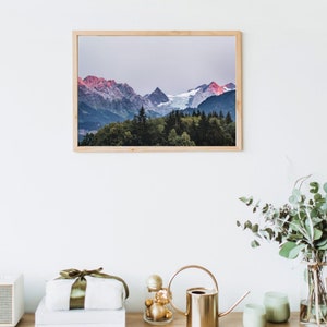 Snowcapped Mountain View with Sunset Reflection - Snowy Mountain View Photo - Mountainous Forest Downloadable Image - Larger Print Sizes