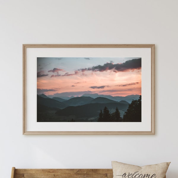 Sunset Over Mountain Range - Mountainous Forest Sunset Photograph - Sunset Camping Hiking Mountains Downloadable Image - Smaller Print Sizes