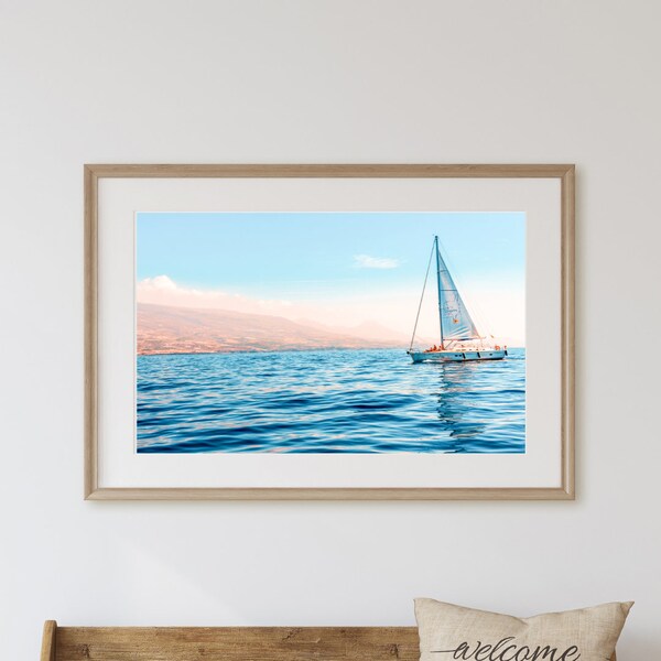 Boat Sailing the Beautiful Ocean - Ocean Sea Waves Photography - Bay Beach Sun Image - Downloadable Photography - Smaller Print Sizes