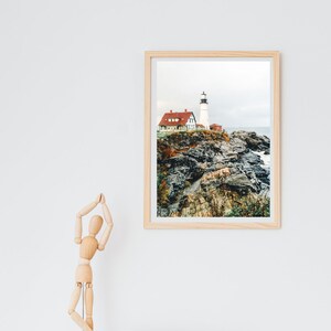 Cloudy & Rocky Shoreline with Lighthouse - Ocean Shoreline Bay Photography - Sea Waves Beach Image - Downloadable Art - Smaller Print Sizes