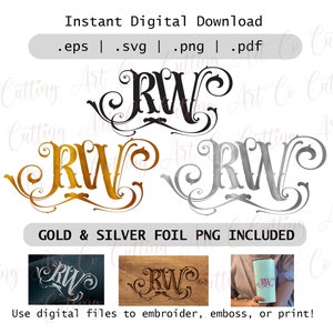 RW Initialen Monogram DIGITALE DOWNLOAD - Vectorbestand, goud en zilverfolie