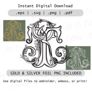 May include: A black and white monogram design of the letters "K" and "R" intertwined with ornate floral details. The design is surrounded by a green background with gold and silver foil versions of the monogram in the corners. The text "Instant Digital Download .eps | .svg | .png | .pdf GOLD & SILVER FOIL PNG INCLUDED Use digital files to embroider, emboss, or print!" is at the top and bottom of the image.
