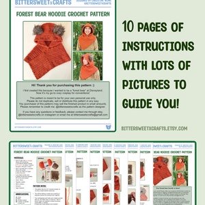 May include: A crochet pattern for a forest bear hoodie. The pattern includes 10 pages of instructions and lots of pictures to guide you. The pattern is available on Etsy.