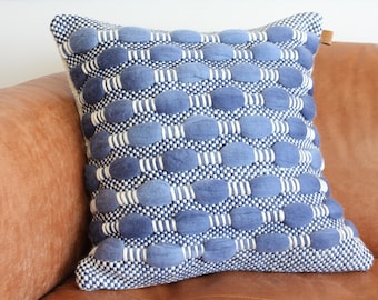 Single-item: Decorative handwoven cushion with blue bubbles 100 % out of supersoft Merino wool