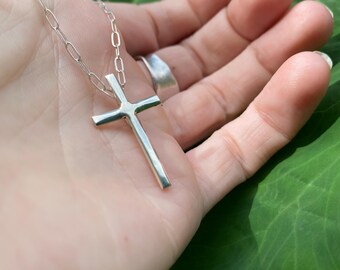 Dainty Sterling Silver Cross on paper clip chain