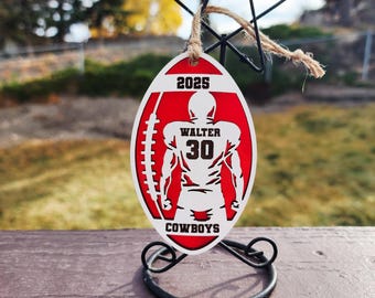 Football Ornament/Car Charm - Custom Engraved Team Name and Number - Many Colors Available