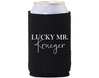 Skinny & Standard Neoprene Can Coolers - Personalized Lucky Mr. - Engagement
