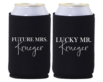 Skinny & Standard Neoprene Can Coolers - Personalized Future Mrs. Lucky Mr. - Engagement