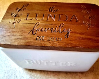 Custom Engraved Monogram Butter Dish - Embossed Porcelain Dish with Acacia Wood Lid
