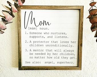 Mom Definition Wood Sign: Whitewash Farmhouse Decor (11.9"x11.9")