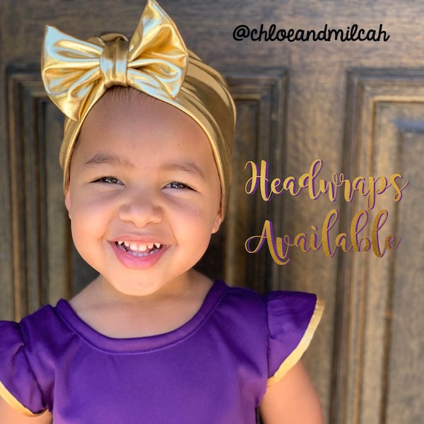 Shiny Gold Metallic Head Wrap with a cute bow! Stretchy Fitted hat, head covering
