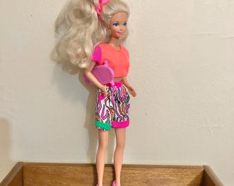 1990 Barbie Sporting Life Fashions Skateboarding Outfit With Doll Neon Orange Pink Zebra