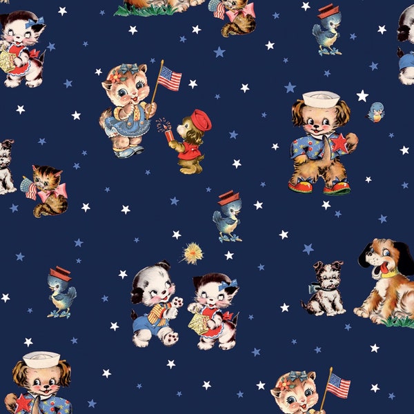 SET SAIL AMERICA Navy, Puppies Kittens Independence Day Patriotic, Cottage Mama, Riley Blake, 100% Cotton Fabric # C10510-Navy