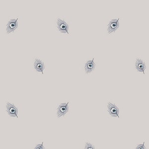 May include: A seamless pattern of blue peacock feathers on a light gray background.