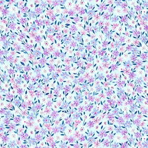 May include: A seamless pattern featuring a light blue background with a repeating design of small purple and blue flowers with dark blue stems.