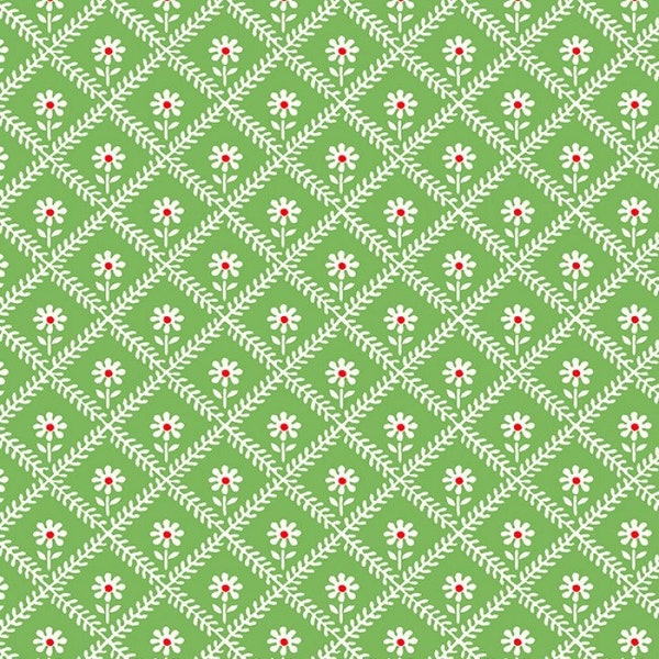 SUGARCUBE FLOWER LATTICE Green Feed Sack Print By Whistler Studios  Windham Fabrics 100% Cotton Quilting Fabric # 52736-5