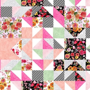 May include: A seamless pattern featuring a patchwork design of squares and triangles. The squares are filled with floral patterns in various colors, including pink, red, orange, yellow, and white. The triangles are in shades of pink, green, and white. The pattern is perfect for fabric, wallpaper, or other decorative projects.