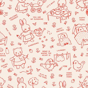 Home Sweet Home, Chore Time, Little Animals, Red and Cream, by Elea Lutz, Poppie Cotton, 100% Cotton Quilting Fabric