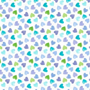 May include: A seamless pattern of small, watercolor hearts in shades of blue, green, and purple on a white background.