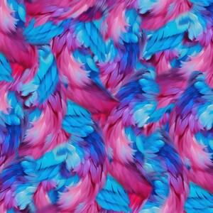 May include: A vibrant, abstract pattern featuring overlapping, stylized feathers in shades of pink, blue, and purple. The design has a painterly quality, with brushstrokes creating a sense of movement and depth. The color palette is bright and eye-catching.