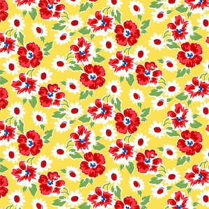 FIESTA EN EL JARDÍN, pétalos de fiesta amarillos, amarillo y rojo, estampado de sacos de forraje, de Whistler Studios, Windham Fabrics, tela para acolchado 100 % algodón