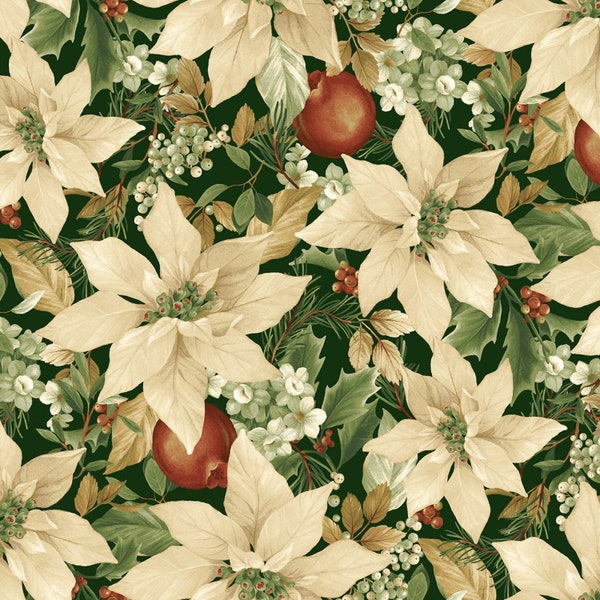 White Poinsettias Flowers Winter Botanicals by Laura Berringer, Marcus Fabrics 100% Cotton Fabric