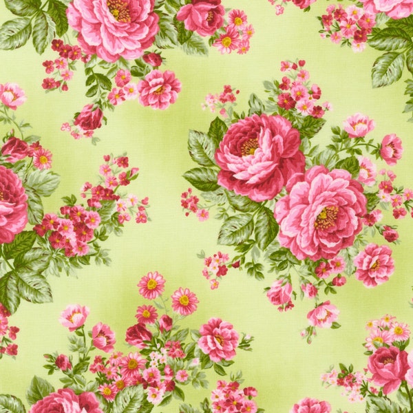 Bouquet of Roses, Rose Bouquet, Pink Green Floral, Flowerhouse Fabric, Debbie Beaves, Robert Kaufman, 100% Cotton Fabric, FLH21364375