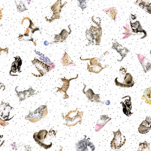 Whiskers & Paws, Tossed Cats, White, by Hannah Dale, Maywood Studio, 100% Cotton Quilting Fabric