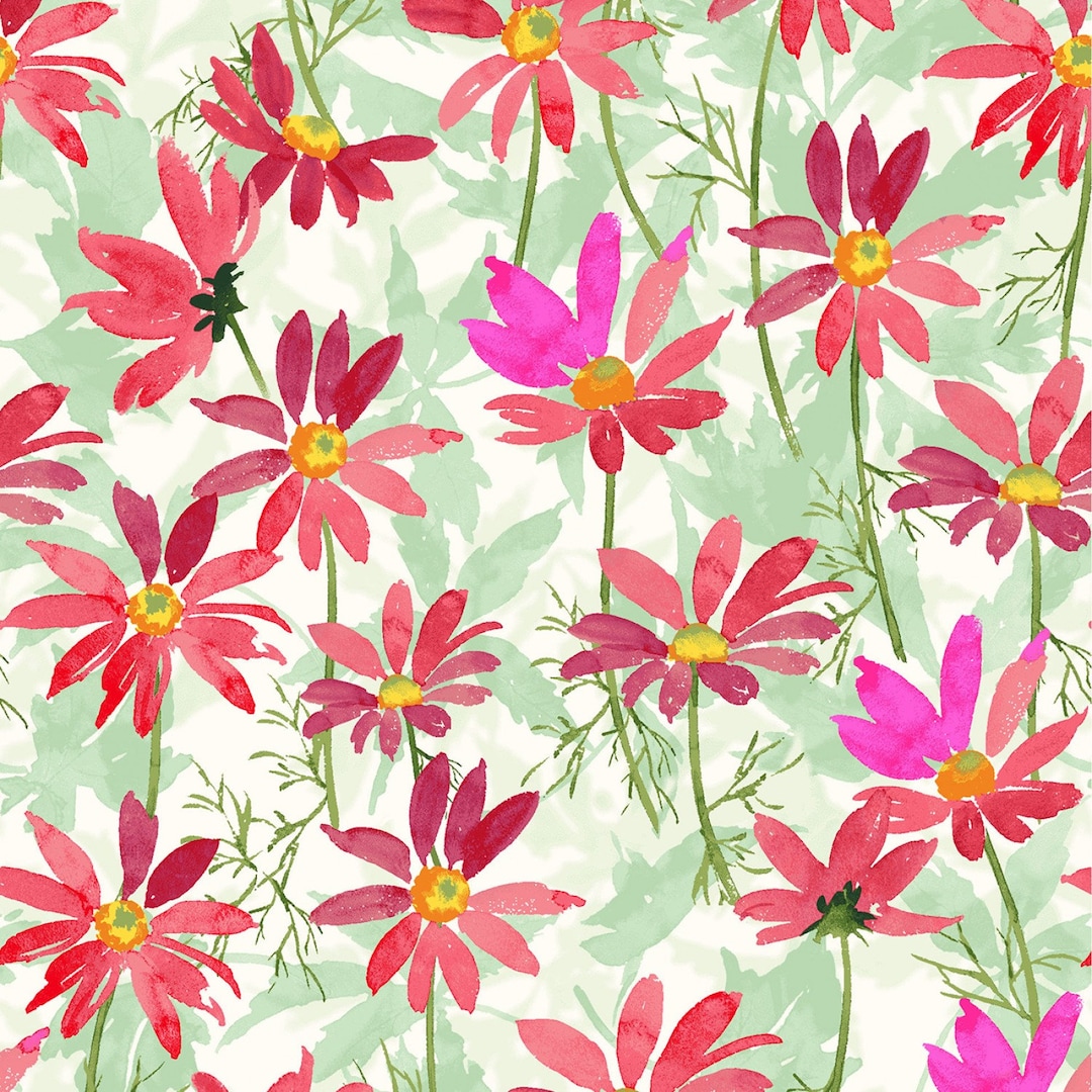 Deep Raspberry Daisies FLOWER SHOP, Raspberry Red Daisies, by Jim Ishikawa, Clothworks, 100% ...