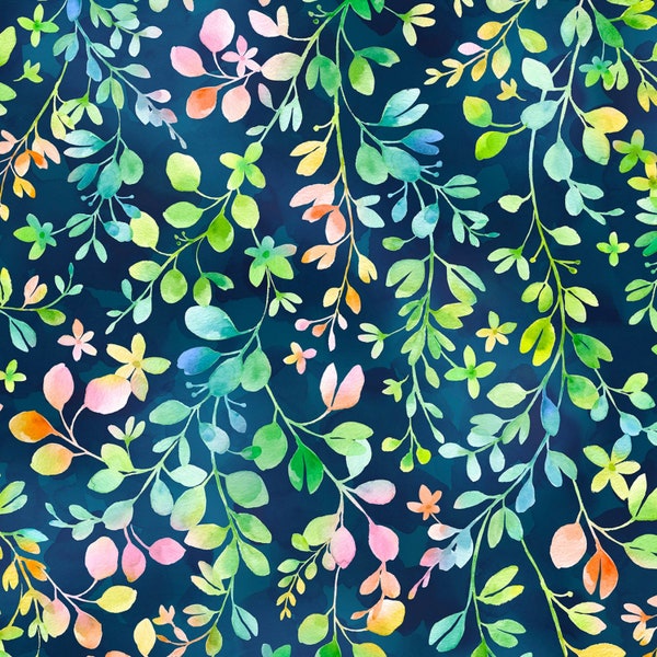 BRILLIANT BLOOMS Navy, Digital Print, Hoffman, 100% Cotton Fabric