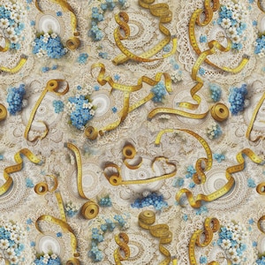 May include: A seamless pattern featuring yellow measuring tapes, white lace doilies, and clusters of blue and white flowers. The measuring tapes are curled and scattered across the surface, creating a vintage, craft-themed design.