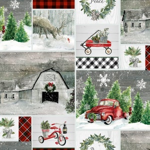 May include: A collage of winter-themed illustrations featuring a red truck, a red wagon with the word "Believe" on it, a red wagon with a Christmas tree, a barn, and a variety of Christmas trees. The illustrations are set against a background of white wood and snow.