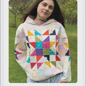 May include: A patchwork hoodie with a starburst design in the center, featuring various colorful fabric squares and triangles. The hoodie has a hood and is labeled "Lexi Hoodie" and "Casual Patchwork Hooded Sweatshirt". The brand logo "Melly and Me" is at the bottom.