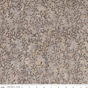 May include: Fabric with a repeating pattern of brown leafy branches on a light beige background. The branches have small leaves and are arranged in a vertical pattern. The fabric is measured in inches.