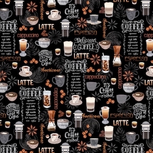 PERK ME UP, Coffee Motifs, Espresso Cappuccino Latte Americano Coffee Cups, Drinks, Timeless Treasures, 100% Cotton Fabric, cd1612-black
