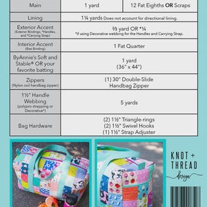 Pu&ograve; includere: Un cartamodello per una borsa a sacco patchwork con dimensioni di 30,5 cm A x 52 cm L x 23 cm P. Il documento include una tabella dei requisiti di tessuto, elenchi di materiali e due foto di una borsa a sacco patchwork finita e colorata.