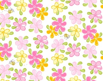 Susybee FLOWERS & BEES, Pink, Yellow, Lal the Lamb, Clothworks, 100% Cotton Fabric