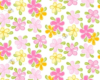 Susybee FLOWERS & BEES, Pink, Yellow, Lal the Lamb, Clothworks, 100% Cotton Fabric